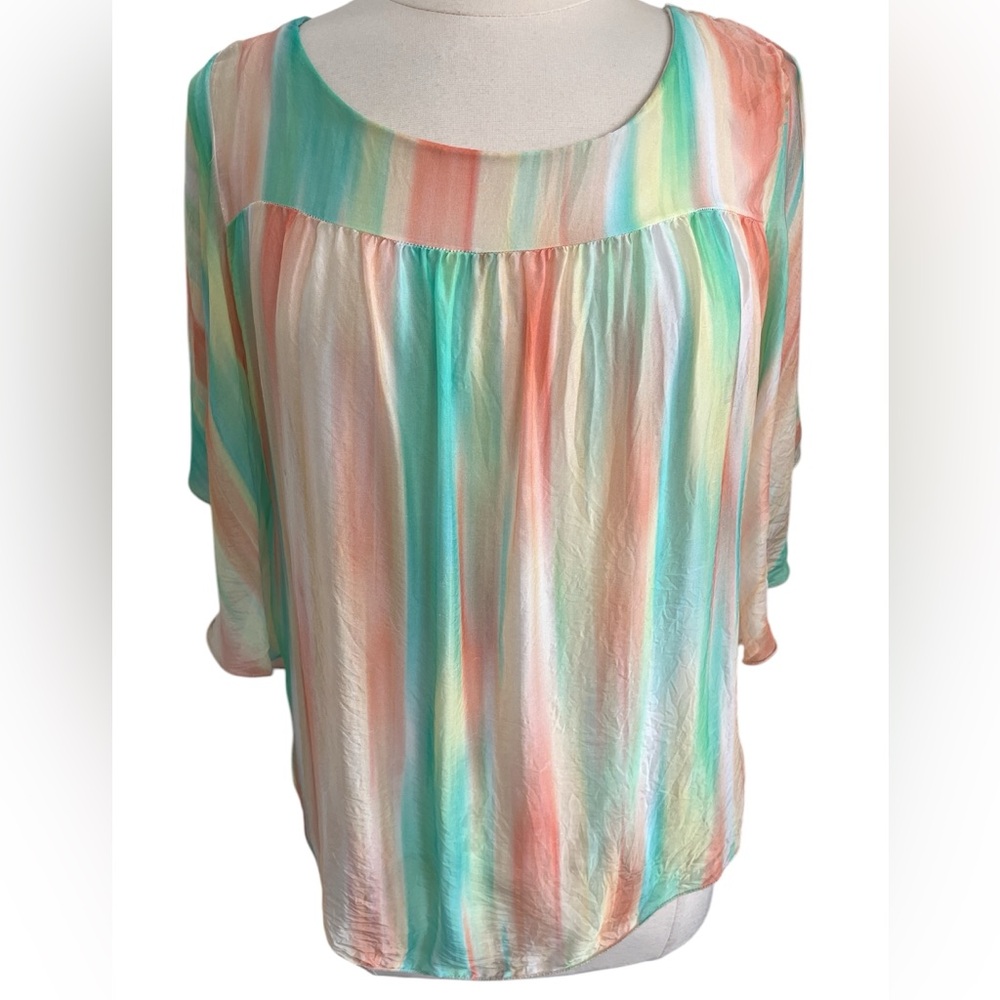 Lola Silk Orange,Green & Yellow Stripe Flowy Silk Blend Blouse Size Medium